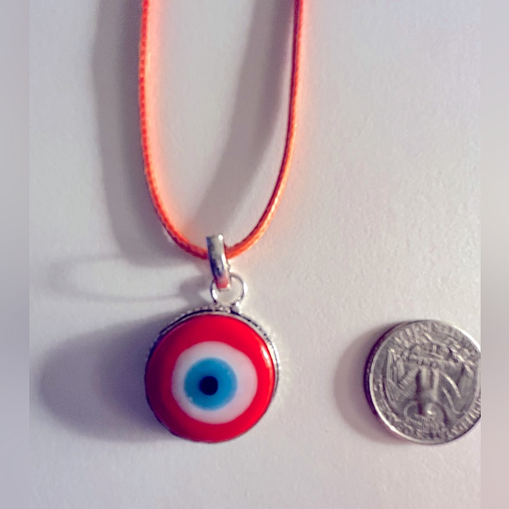 💰FREE add 1/bundle Necklace Orange Evil Eye glass 1” silver, orange cord 18”